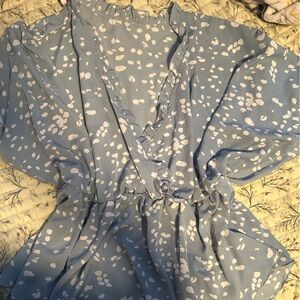 SHEIN Light Blue and White Leaf Print Blouse